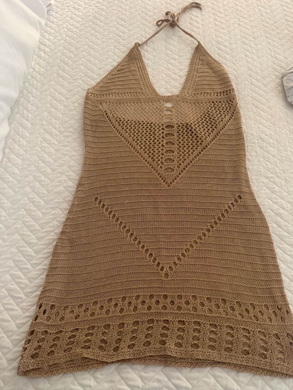 Halter Crochet Cover-Up Dress in Tan XS